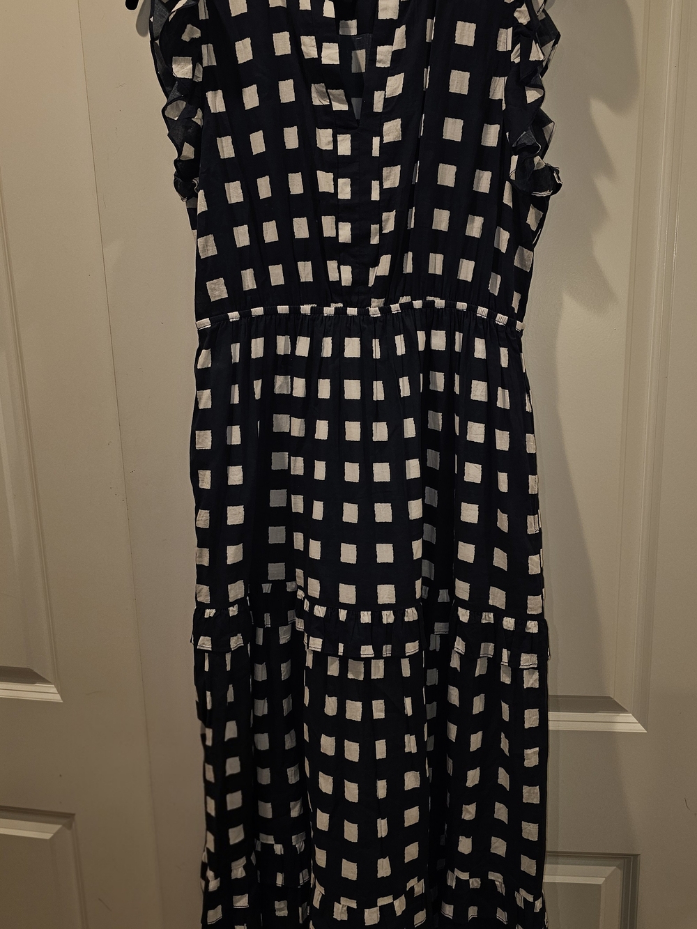 MAHI GOLD Navy Blue White Grid Sleeveless Ruffle Tiered Midi Dress Pockets Large
